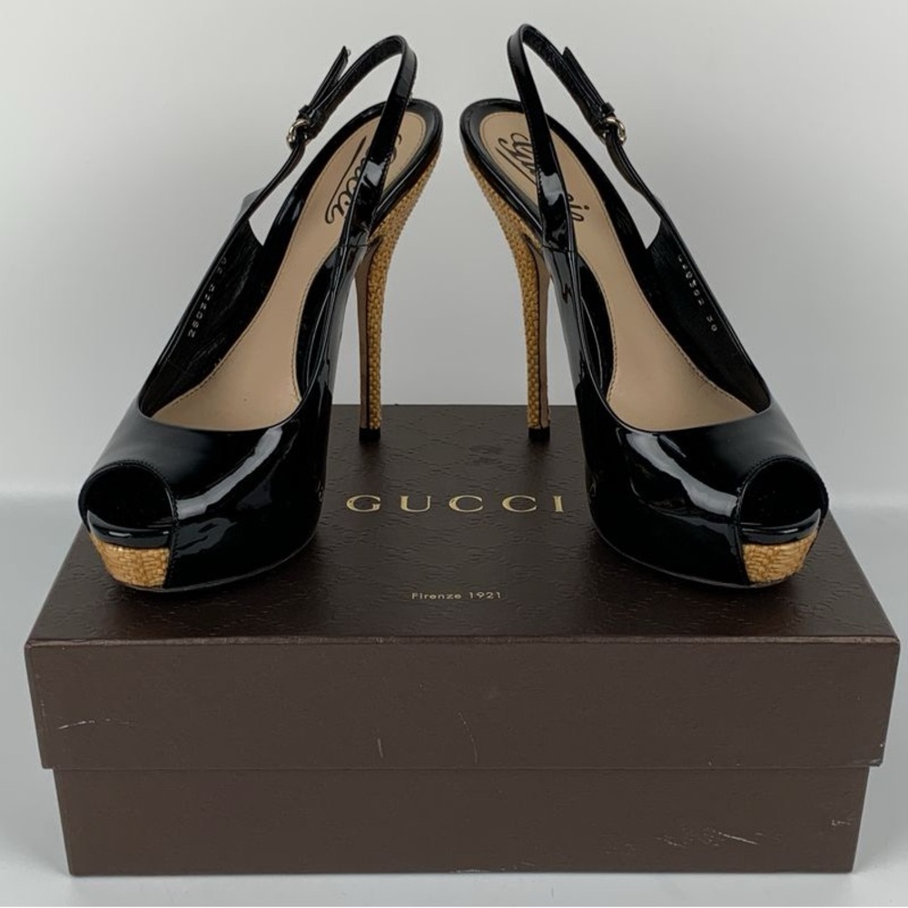 Gucci Open Toe Slingback Pump High Heels Patent Leather
